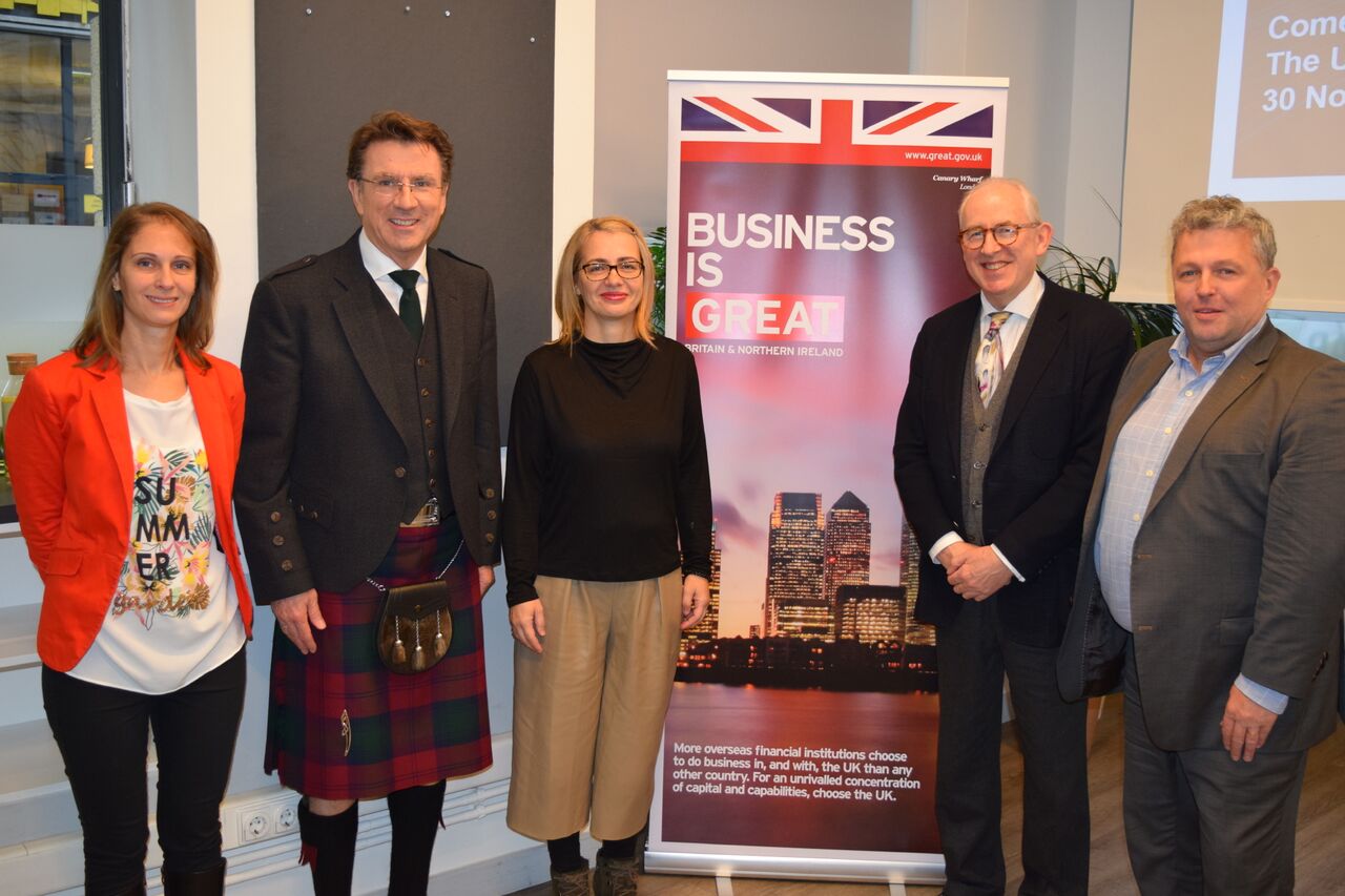 From left to right: Krisztina Görög, Director, Foreign Direct Investment, DIT Central Europe Network of the British Embassy, Iain Lindsay OBE, the British Ambassador in Hungary, with Whitereport’s Kinga Incze, Hamish Sandison and Phil McCauley in Budapest.